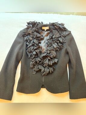 Anne Fontaine Black Ruffle-Trim Knit Jacket Blazer